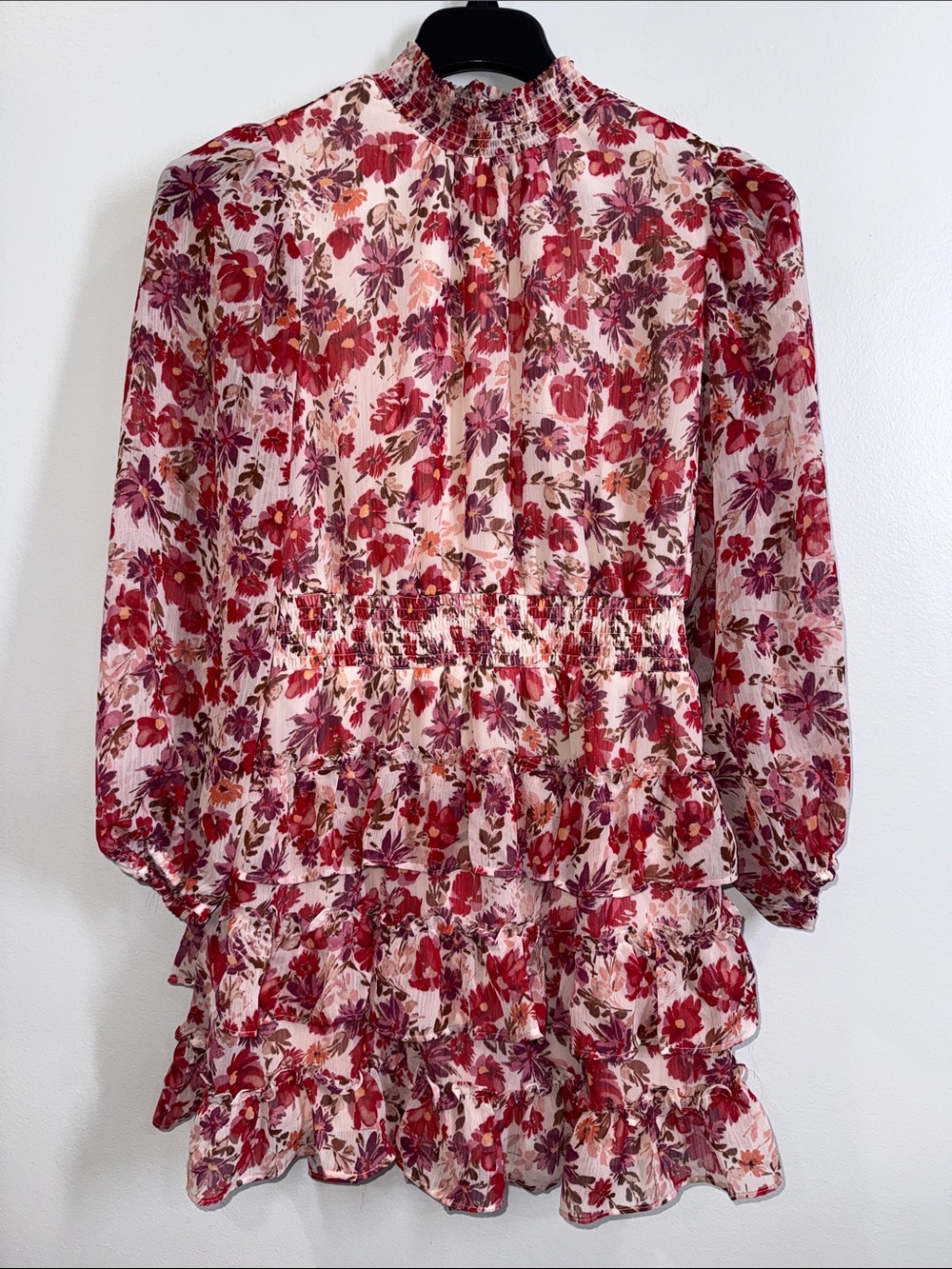 1 State floral ruffle tiered mini dress with balloon sleeves size large